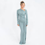 Elegant Slim Women Clothing Dress Diagonal Collar Long Sleeve Pleated Sexy Bright Silk Dress