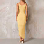 Summer Mesh Splicing Sling Dress Sexy Slim U Neck Irregular Asymmetric Slit Pleated Dress