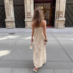Summer Women Clothing Khaki Cotton Linen Split Suspender Sexy Slim Dress